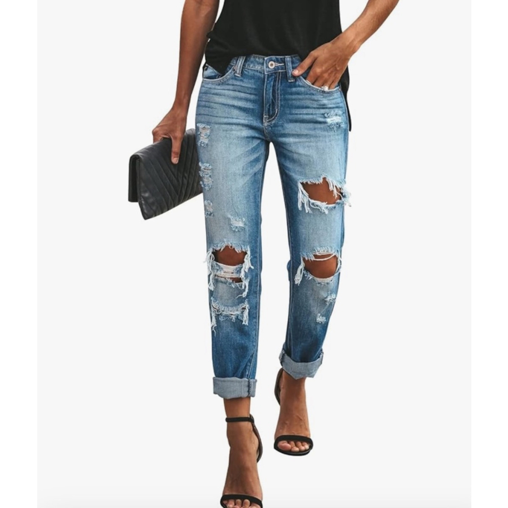 Women's Kunmi Boyfriend Ripped Blue Distressed Jeans Size M